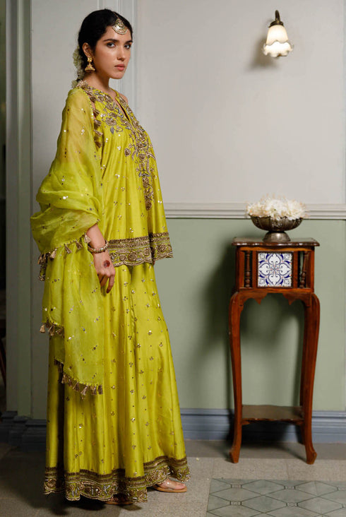 Jahanana Mehendi Green Embroidered Short Anarkali And Sharara With Dupatta
